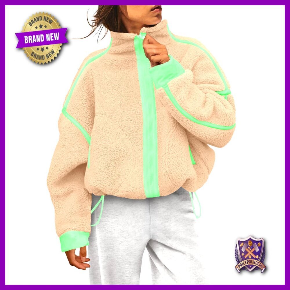 Fleece Sherpa Jacket Zip Up Long Sleeve Winter Coat Loose Fit Pockets